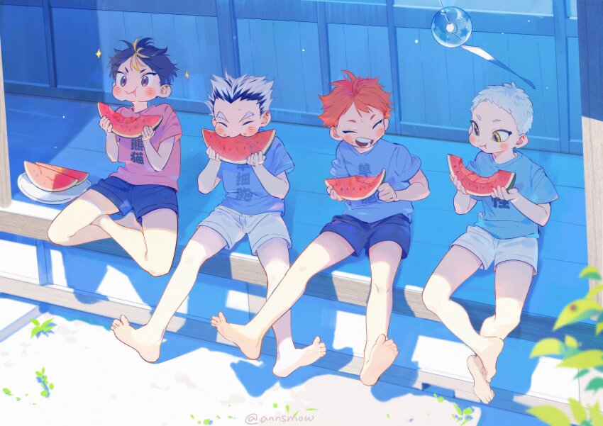 4boys aged_down annsmow architecture artist_name barefoot black_hair blue_shirt blurry blush_stickers bokuto_koutarou brown_eyes child closed_mouth depth_of_field east_asian_architecture eating food fruit grey_hair haikyuu!! highres hinata_shouyou holding holding_food hoshiumi_kourai leaf male_focus multicolored_hair multiple_boys nishinoya_yuu on_bench open_mouth orange_hair pink_shirt plate shadow shirt short_hair short_sleeves shorts sitting smile sparkle streaked_hair teeth translation_request twitter_username watermelon watermelon_slice yellow_eyes