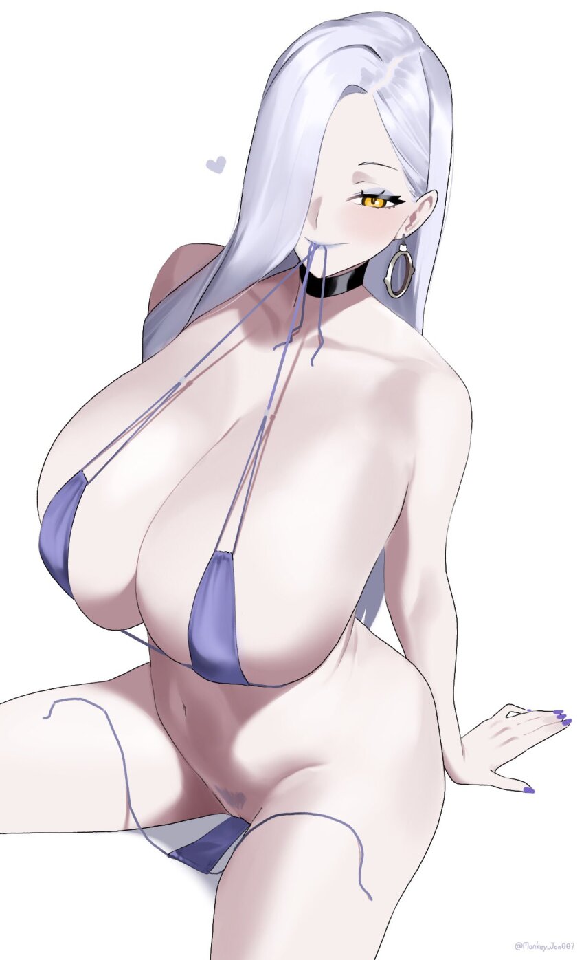 1girl bare_shoulders bikini blue_lips blush breasts choker cleavage collarbone earrings eyeliner fate/grand_order fate_(series) female_pubic_hair hair_over_one_eye highres hoop_earrings huge_breasts jewelry long_hair looking_at_viewer makeup monkey_jon mouth_hold mrs._snake_(fate) pubic_hair purple_bikini smile solo swimsuit thighs untied_bikini white_hair yellow_eyes