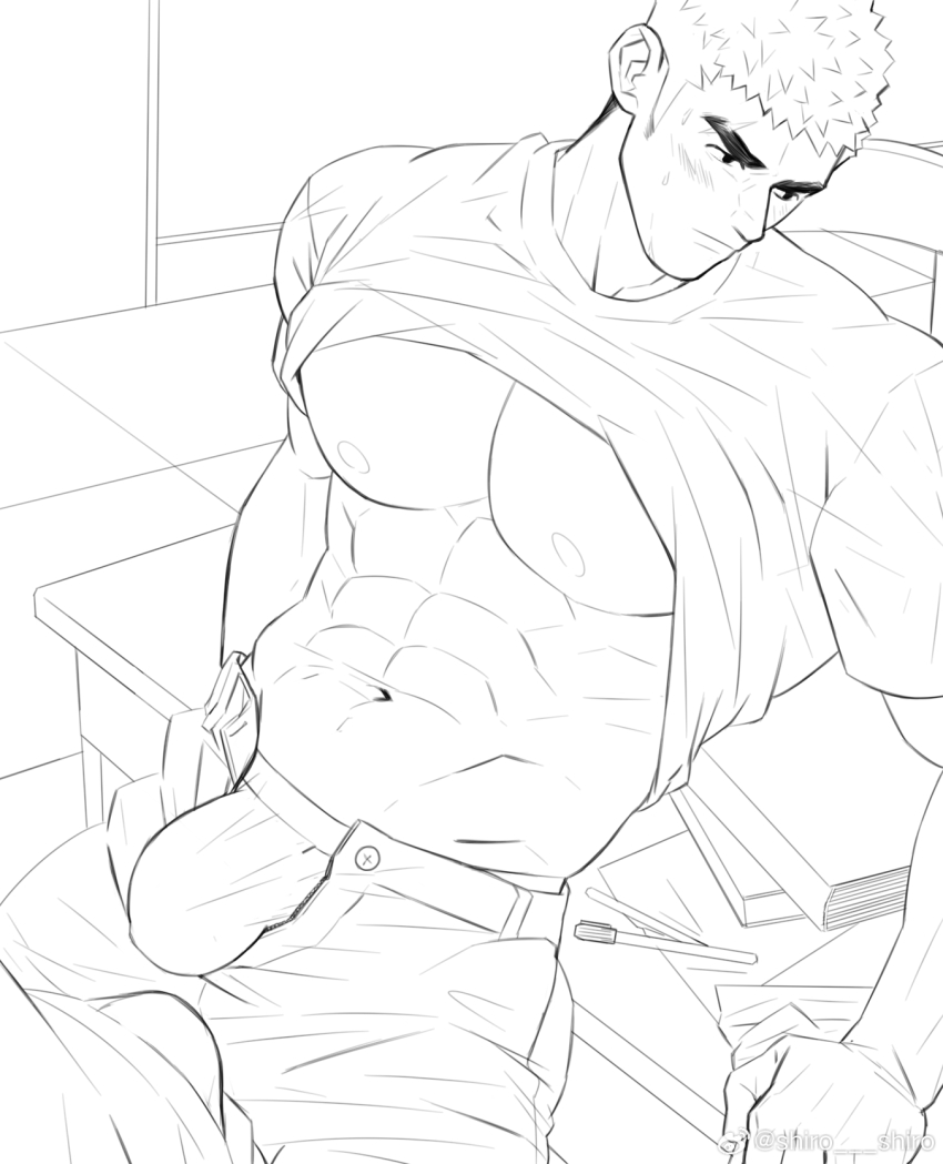 Original Highres Paid Reward Available Unfinished Boys Abs Against Table Averting Eyes