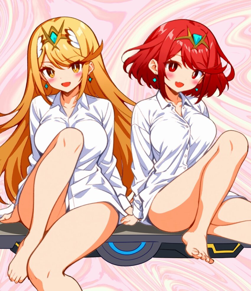 2girls blonde_hair blush breasts collarbone earrings highres jewelry kakk_e large_breasts long_hair multiple_girls mythra_(xenoblade) nintendo pyra_(xenoblade) red_eyes red_hair shirt short_hair sitting super_smash_bros. tiara white_shirt xenoblade_chronicles_(series) xenoblade_chronicles_2 yellow_eyes