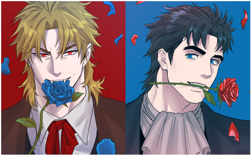 2boys absurdres acea_n bad_id bad_twitter_id birthmark black_hair blonde_hair blue_eyes blue_flower blue_rose dio_brando evil_grin evil_smile fangs flower grin highres jojo_no_kimyou_na_bouken jonathan_joestar male_focus mouth_hold multiple_boys phantom_blood red_eyes rose smile teeth_hold thorns vampire