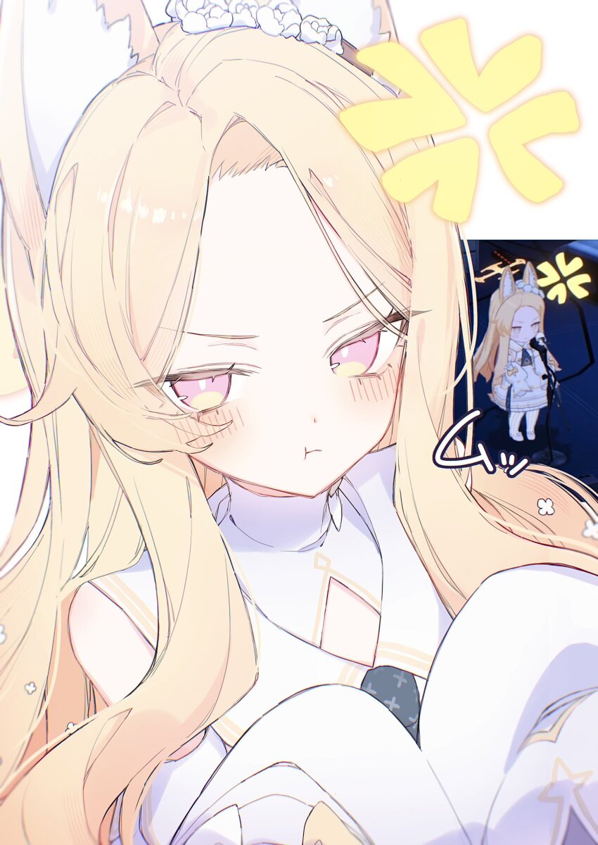 1girl anger_vein angry animal_ear_fluff animal_ears blonde_hair blue_archive blue_necktie closed_mouth derivative_work detached_sleeves dress flower forehead fox_ears fox_girl game_screenshot_inset hair_flower hair_ornament highres hk_nnm long_hair looking_at_viewer necktie pink_eyes pout reference_inset screenshot_redraw seia_(blue_archive) sidelocks sleeves_past_fingers sleeves_past_wrists white_dress white_flower