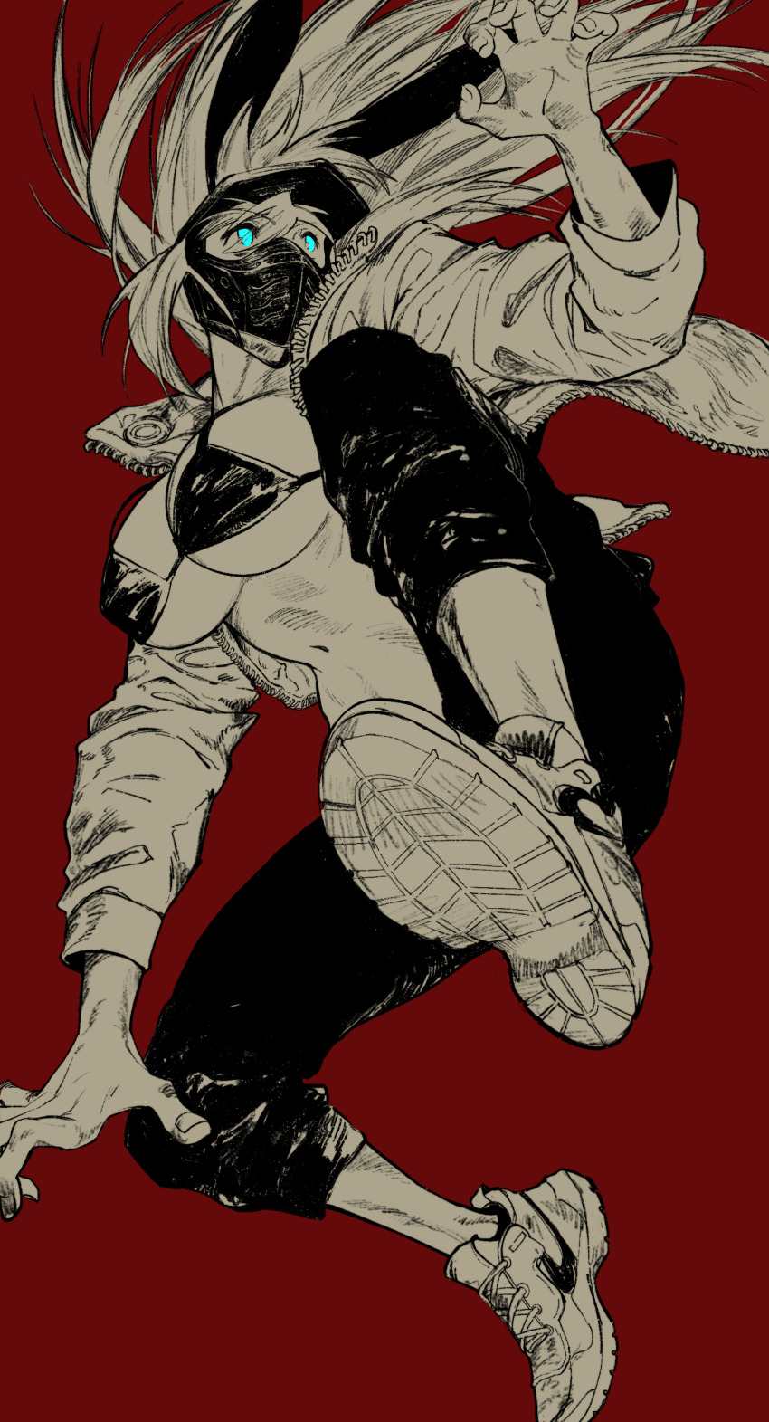 absurdres blue_eyes bra breasts dorohedoro highres jacket large_breasts limited_palette long_hair mask nikaidou_(dorohedoro) pants piyomotsu red_background shoes simple_background solo underwear