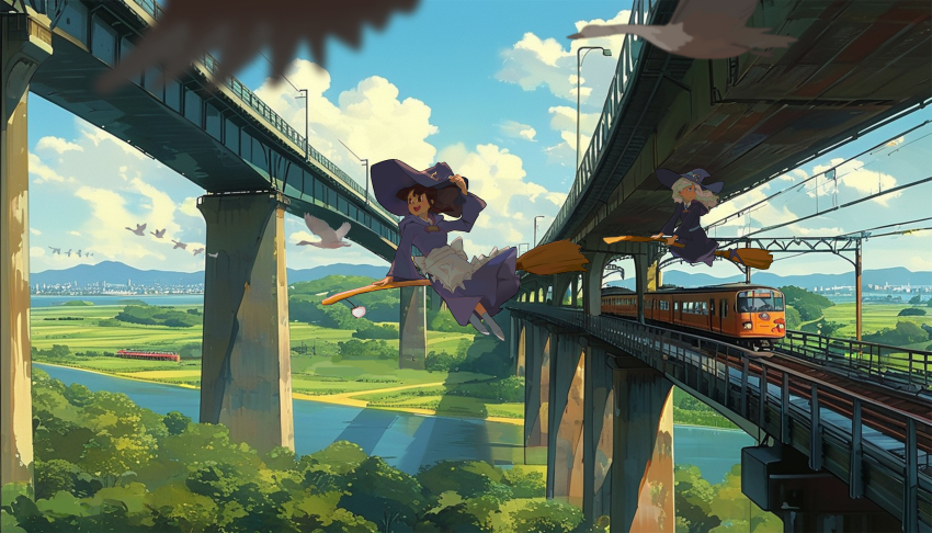 2girls absurdres bird blue_eyes blue_sky broom broom_riding brown_eyes brown_hair bush canal cloud day diana_cavendish green_hair hat highres kagari_atsuko little_witch_academia mmmmpymm mountain multiple_girls overhead_line purple_robe railroad_tracks robe sky train water witch witch_hat