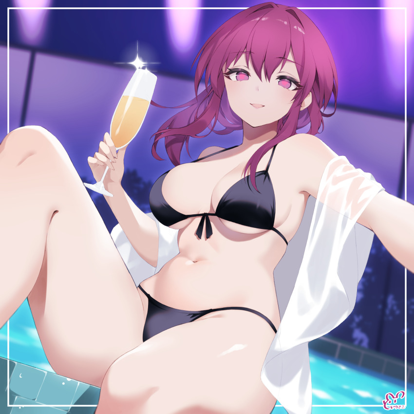 1girl :d absurdres artist_logo bare_shoulders bikini black_bikini breasts champagne_flute cup dodosako drinking_glass hair_intakes highres holding holding_cup honkai:_star_rail honkai_(series) kafka_(honkai:_star_rail) knee_up large_breasts logo long_hair looking_at_viewer navel open_mouth purple_eyes purple_hair sitting smile solo stomach swimsuit thighs