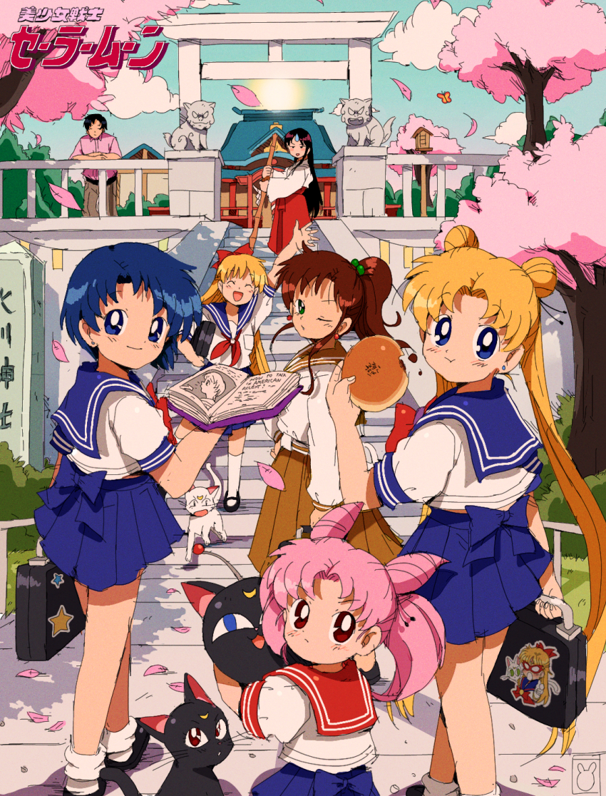 1boy 6+girls :d :t absurdres aino_minako animal arm_up artemis_(sailor_moon) back_bow bendedede bishoujo_senshi_sailor_moon bishoujo_senshi_sailor_moon_r black_cat black_footwear black_hair blonde_hair blue_bow blue_eyes blue_hair blue_sailor_collar blue_skirt blush book bow briefcase brown_hair brown_pants brown_sailor_collar brown_skirt cat cherry_blossoms chiba_mamoru chibi_usa closed_eyes closed_mouth cloud collared_shirt cone_hair_bun copyright_name crescent crescent_facial_mark day double_bun earrings eating english_text facial_mark falling_petals food forehead_mark frown green_eyes hair_bobbles hair_bow hair_bun hair_ornament hakama happy highres hino_rei holding holding_book holding_food japanese_clothes jewelry juuban_elementary_school_uniform juuban_middle_school_uniform kino_makoto kino_makoto&#039;s_school_uniform logo long_hair long_sleeves looking_at_viewer luna-p luna_(sailor_moon) miko miniskirt mizuno_ami multiple_girls one_eye_closed open_book open_mouth outdoors pants parted_bangs petals pink_hair pink_shirt pleated_skirt ponytail red_bow red_eyes red_hakama red_sailor_collar sailor_collar sailor_v school_briefcase school_uniform serafuku shiba_koen_middle_school_uniform shirt shoes short_hair short_sleeves shrine skirt smile socks stairs standing star_(symbol) stud_earrings sun sweatdrop temple tree tsukino_usagi twintails waving white_cat white_socks