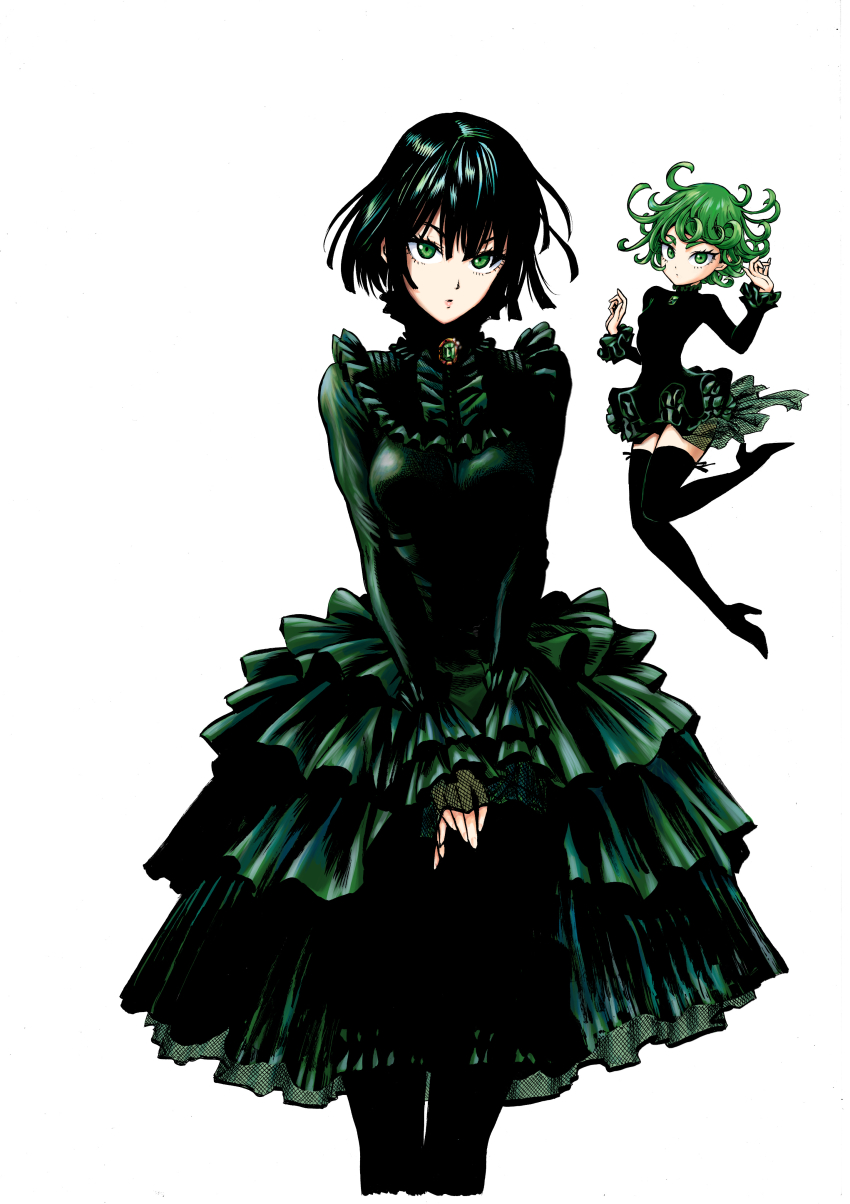 2girls absurdres blunt_ends boots breasts curly_hair fingerless_gloves frilled_sleeves frills fubuki_(one-punch_man) full_body gloves green_eyes green_hair hair_between_eyes hands_up high_heel_boots high_heels highres lips long_sleeves looking_at_viewer medium_breasts monochrome multiple_girls murata_yuusuke narrow_waist official_art one-punch_man parted_lips short_hair siblings simple_background sisters small_breasts tatsumaki thigh_boots thighhighs thighs v_arms white_background wide_hips