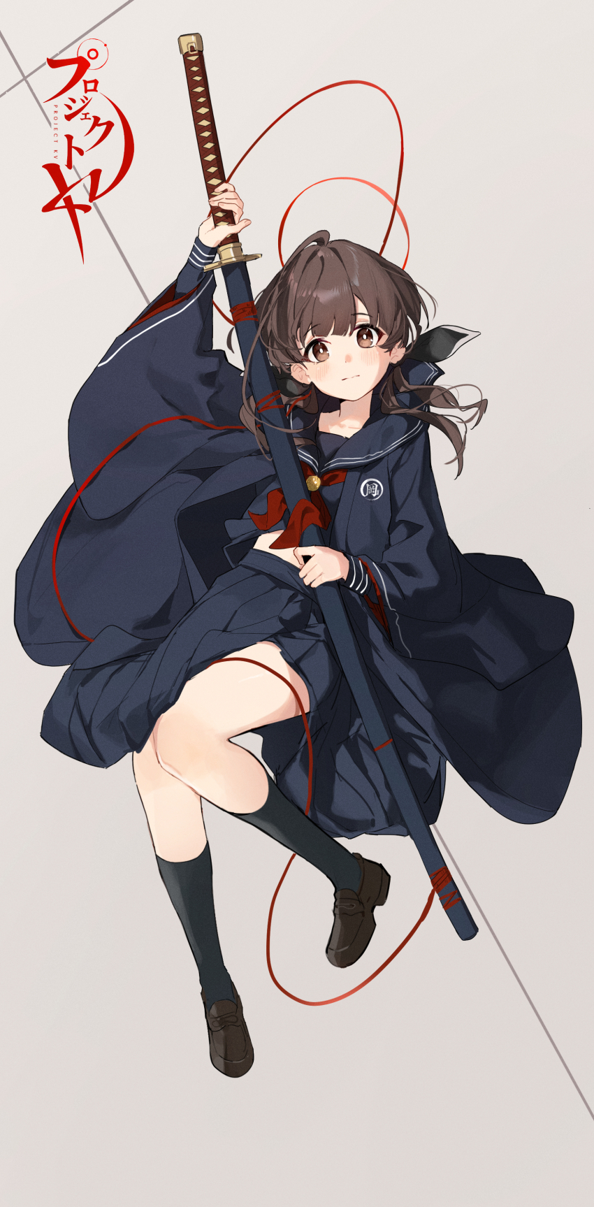 1girl absurdres black_serafuku black_shirt black_skirt black_socks brown_eyes brown_hair halo highres holding holding_weapon katana loafers low_twintails neckerchief ohitome_kohane pleated_skirt project_kv red_halo red_neckerchief rosem_lin sailor_collar school_uniform serafuku sheath sheathed shirt shoes skirt socks solo sword title twintails weapon