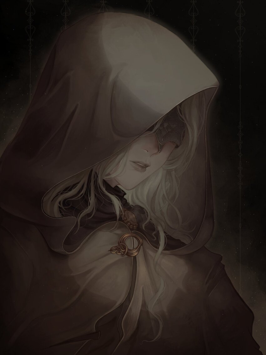 1girl blonde_hair brown_cloak cloak commentary covered_eyes dark_background dark_souls_(series) dark_souls_iii elden_ring_nightreign english_commentary eye_mask fire_keeper highres hood hood_up hooded_cloak light_particles lnlil long_hair parted_lips solo upper_body