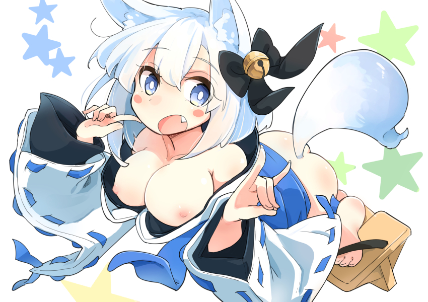 1girl animal_ears ass bare_shoulders bell blue_eyes breasts bright_pupils cleavage fang female_focus fox_ears fox_shadow_puppet fox_tail geta hair_bell hair_ornament highres japanese_clothes large_breasts layered_sleeves miko nipples no_bra original ribbon senhappyaku short_hair solo star_(symbol) star_symbol_background tail white_background white_hair wide_sleeves