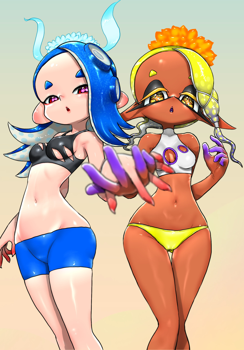 :o bikini blue_hair breasts cameltoe cleavage_cutout clothing_cutout cross-shaped_pupils dark-skinned_female dark_skin eyeshadow feet_out_of_frame frye_(splatoon) green_hair highres holding_hands inkling interlocked_fingers koharu2.5 light_brown_background lowleg lowleg_bikini lowleg_shorts makeup medium_breasts narrow_waist navel nintendo octoling open_mouth orange_pupils pink_pupils red_eyes shiver_(splatoon) shorts simple_background small_breasts splatoon_(series) swimsuit symbol-shaped_pupils tentacle_hair wide_hips yellow_eyes