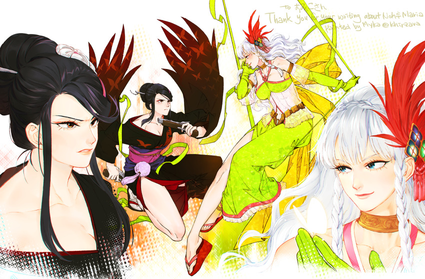 2girls black_hair black_kimono blue_eyes braid breasts brown_eyes crown_braid dual_wielding elbow_gloves eye_contact feather_hair_ornament feathers frown gloves green_gloves green_ribbon green_skirt gun hair_bun hair_ornament handgun highres holding japanese_clothes khirzava kimono kyougoku_maria_(sengoku_basara) large_breasts looking_at_another multiple_girls multiple_views nouhime_(sengoku_basara) off_shoulder okobo red_feathers ribbon sandals sengoku_basara side_braids side_slit skirt smile weapon white_hair zouri