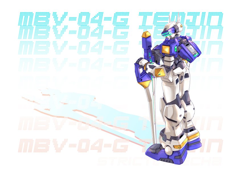 absurdres character_name commentary english_commentary from_behind highres holding holding_sword holding_weapon looking_to_the_side mecha no_humans robot science_fiction solo standing strictly_mecha sword temjin virtual_on visor weapon