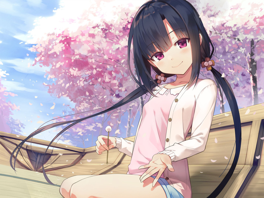 1girl black_hair blue_sky blush boat breasts cherry_blossoms cura hayase_fukami highres lap_pillow_invitation long_hair looking_at_viewer low_twintails maitetsu mimikaki non-web_source on_boat purple_eyes short_shorts shorts sitting sky small_breasts smile solo tree twintails very_long_hair watercraft