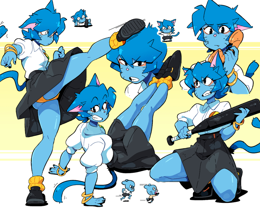 1girl animal_ears baseball_bat black_eyes black_footwear black_nails black_skirt blue_hair blue_skin bracelet cat_ears cat_girl cat_tail collared_shirt colored_skin commentary english_commentary fang gumball_watterson highres holding holding_phone jewelry kicking multiple_views nicole_watterson panties parted_lips phone scott_malin shirt shoes short_sleeves skirt socks solo_focus tail the_amazing_world_of_gumball underwear upskirt whiskers white_shirt yellow_panties yellow_socks