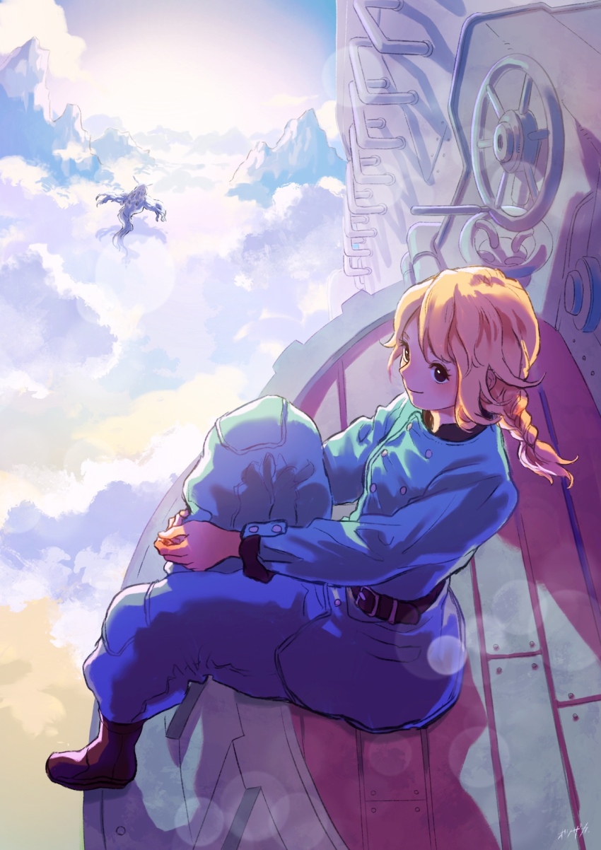 1girl belt black_eyes blonde_hair blue_pants blue_shirt boots braid cloud day highres hugging_own_legs knee_up kuutei_dragons ladder lens_flare medium_hair mountain otsuzaka outdoors pants shirt sitting smile solo takita_(kuutei_dragons) uniform