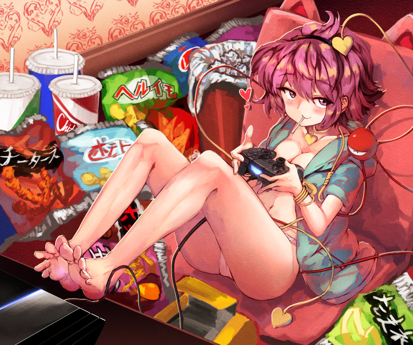 1girl barefoot blouse blue_shirt feet game_console hair_ornament hairband heart heart_hair_ornament heart_of_string highres komeiji_satori neet panties pink_hair shirt short_hair soles solo spread_toes sunnysideup third_eye toes touhou underwear video_game