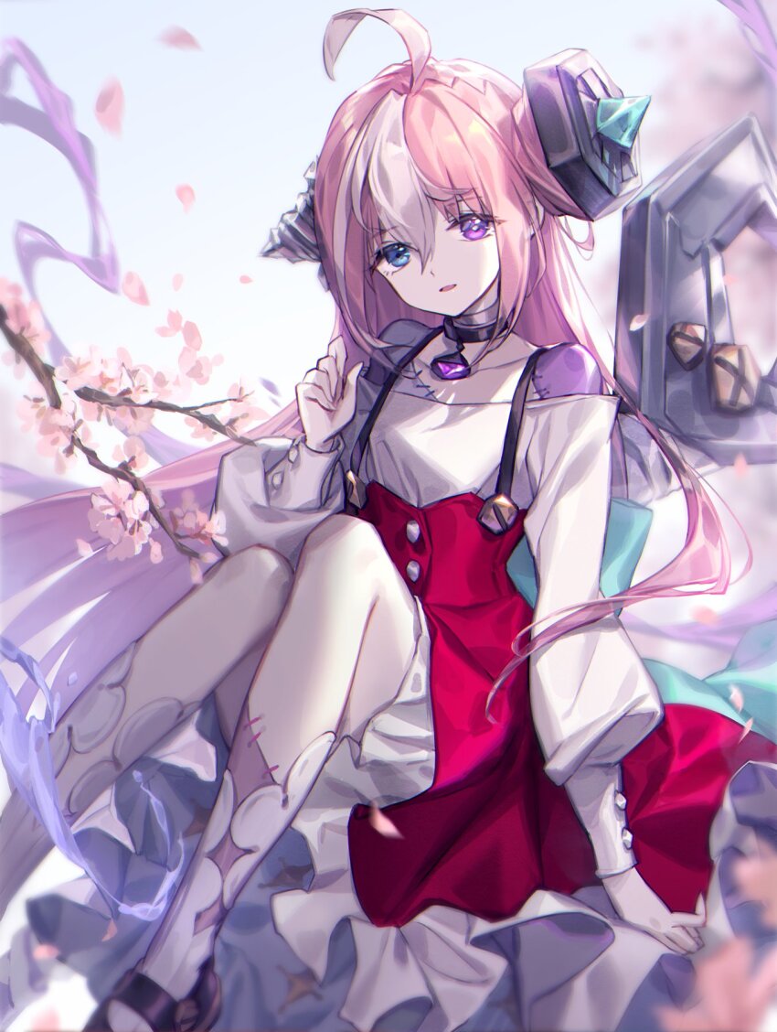 1girl ahoge anisage_(shadowverse) ankle_socks arm_at_side bare_shoulders blue_eyes cherry_blossoms choker colored_skin dress feet_out_of_frame gem hair_between_eyes hand_up heterochromia highres jewelry lee_hyeseung long_hair looking_at_viewer multicolored_clothes multicolored_dress object_through_head parted_lips patchwork_skin pink_hair puffy_sleeves purple_eyes purple_gemstone purple_skin red_dress screw screw_in_head shadowverse short_dress simple_background sitting socks solo stitches suspenders underbust weapon weapon_on_back white_dress