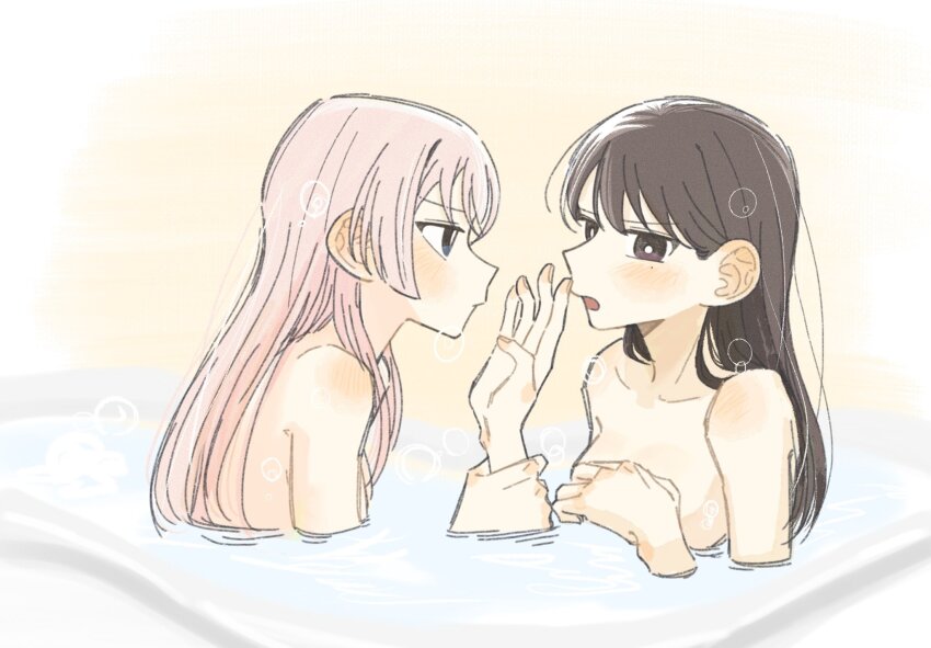 2girls bang_dream! bang_dream!_it&#039;s_mygo!!!!! blush breasts brown_eyes brown_hair chihaya_anon closed_mouth commentary_request grey_eyes hand_up highres holding_another&#039;s_wrist korean_commentary long_hair looking_at_another mole mole_under_eye multiple_girls nude open_mouth otaku5252 partially_submerged pink_hair same-sex_bathing shared_bathing shiina_taki small_breasts yellow_background yuri