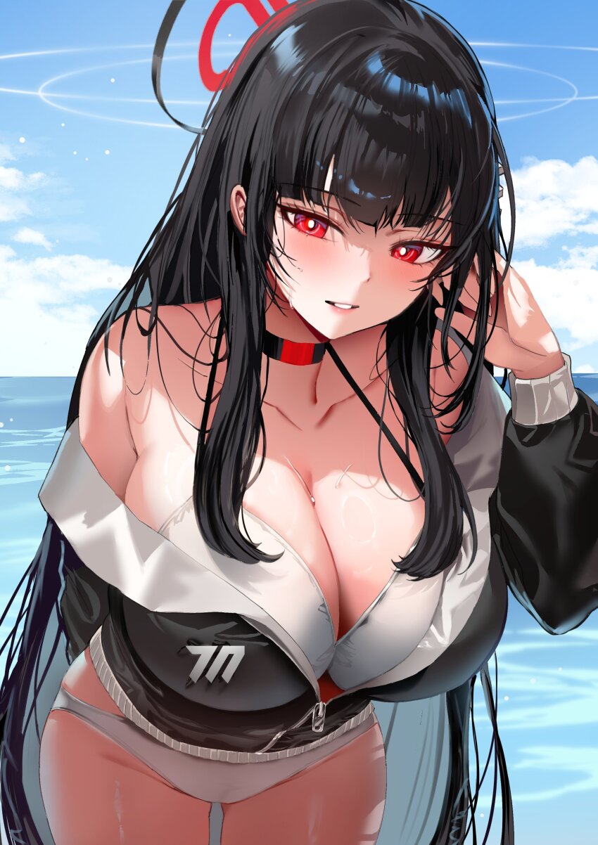 1girl absurdres alternate_costume bikini black_choker black_hair black_jacket blue_archive blush breasts bright_pupils choker cleavage collarbone day halo highres jacket large_breasts long_sleeves looking_at_viewer ocean outdoors parted_lips partially_unzipped red_eyes rio_(blue_archive) sidelocks single_bare_shoulder smile solo swimsuit thighs water wet white_bikini white_pupils zerocat