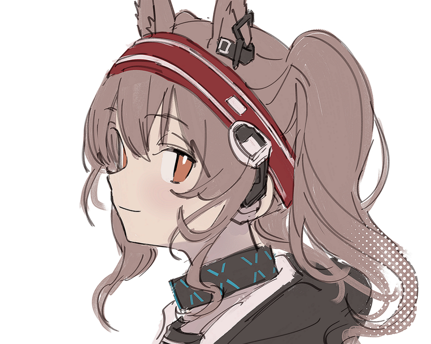 1girl angelina_(arknights) animal_ear_fluff animal_ears arknights black_jacket brown_eyes brown_hair closed_mouth extra_ears hairband highres hood hood_down hooded_jacket jacket long_hair looking_at_viewer portrait red_hairband simple_background smile solo striped_clothes striped_hairband tetuw twintails white_background