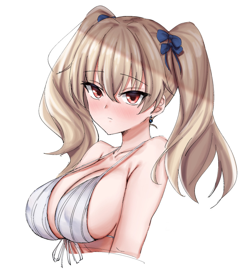 1girl bikini blue_bow blush bow breasts cleavage closed_mouth commentary_request erenav expressionless front-tie_top hair_between_eyes hair_bow highres large_breasts light_brown_hair long_bangs long_hair looking_at_viewer mahjong_soul red_eyes simple_background solo swimsuit twintails upper_body white_background white_bikini xenia