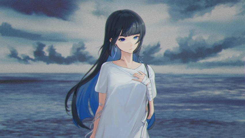 1girl asukayou bandaged_arm bandaged_wrist bandages bandaid bandaid_on_arm barcode barcode_tattoo black_hair blue_eyes blue_hair blunt_bangs blunt_ends collarbone colored_inner_hair commentary earclip hand_on_own_chest highres multicolored_hair neck_tattoo ocean original outdoors overcast shirt sky solo straight-on t-shirt tattoo upper_body white_shirt