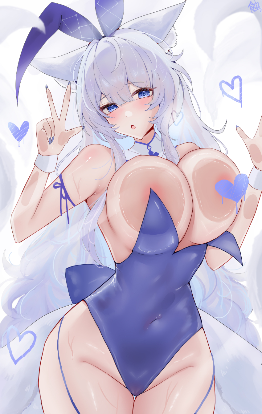 1girl absurdres against_glass animal_ear_fluff animal_ears arm_strap azur_lane blue_collar blue_eyes blue_leotard blue_nails blush breast_press breasts breasts_on_glass chinese_commentary collar commentary_request covered_erect_nipples covering_nipples covering_privates cowboy_shot dot_nose fox_ears fox_girl fox_tail hair_between_eyes heart highres large_breasts leotard long_hair multicolored_collar multiple_tails nail_polish open_mouth playboy_bunny shinano_(azur_lane) solo strapless strapless_leotard sweat tail v very_long_hair white_collar white_hair wide_hips winter_eclipse