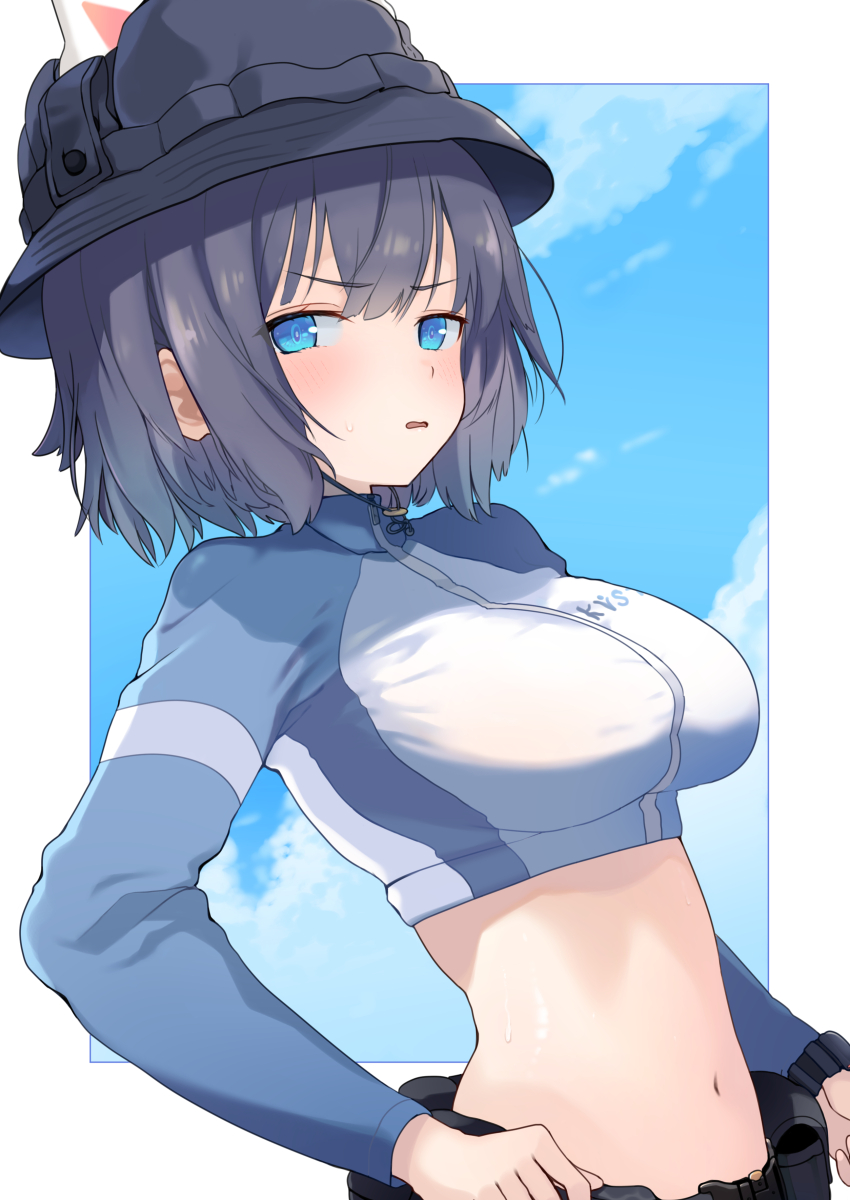 1girl absurdres black_hair black_hat blue_archive blue_eyes blue_jacket blush border breasts bright_pupils bucket_hat commentary dyson_(edaokunnsaikouya) frown hat highres jacket large_breasts long_sleeves looking_at_viewer multicolored_clothes multicolored_jacket navel official_alternate_costume open_mouth outside_border rash_guard saki_(blue_archive) saki_(swimsuit)_(blue_archive) short_hair simple_background solo sweatdrop two-tone_jacket upper_body v-shaped_eyebrows white_border white_jacket