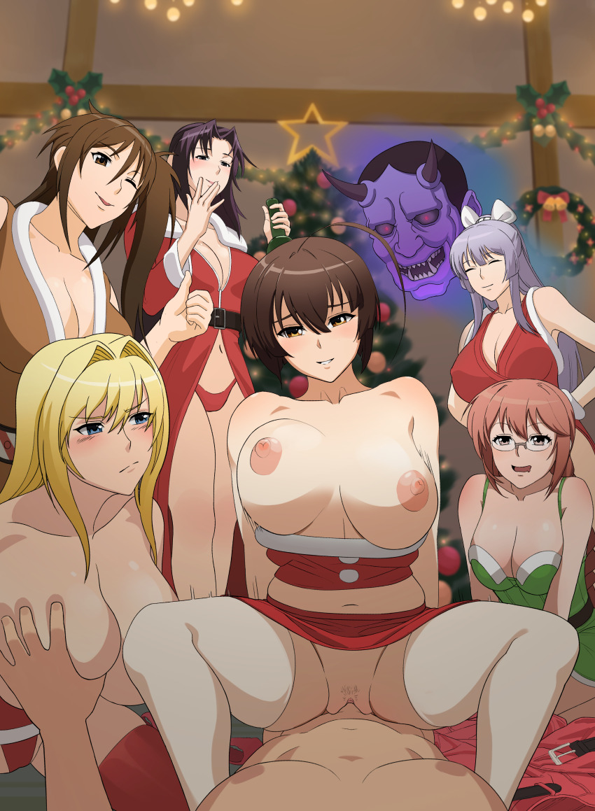 1boy 6+girls absurdres ahoge artist_request asama_miya bad_source black_hair blonde_hair blue_eyes bottle bouncing_breasts braid breasts breasts_out brown_eyes brown_hair christmas christmas_tree closed_eyes cowgirl_position drooling glasses grabbing_another&#039;s_breast groping hair_ribbon highres huge_breasts kazehana large_breasts lingerie looking_at_viewer mask matsu_(sekirei) motion_lines multiple_girls musubi nipples oni_mask ophirianmerchant panties ponytail pout pov pubic_hair purple_hair red_hair ribbon sekirei side_ponytail smile straddling thighhighs tsukiumi underwear uzume_(sekirei) watching