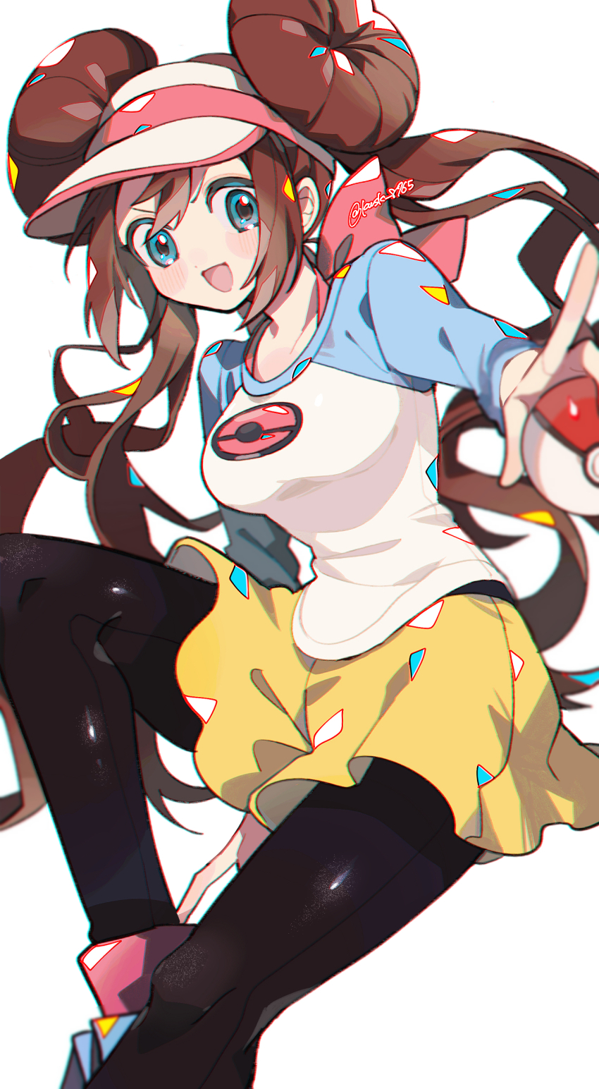 1girl :d black_pantyhose blue_eyes blush breasts brown_hair check_commentary commentary_request creatures_(company) double_bun doughnut_hair_bun game_freak hair_bun highres holding holding_poke_ball kawasaki_(kwsk_8765) long_hair long_sleeves looking_at_viewer medium_breasts nintendo open_mouth pantyhose pantyhose_under_shorts poke_ball poke_ball_(basic) pokemon pokemon_bw2 raglan_sleeves rosa_(pokemon) shirt shorts simple_background smile solo very_long_hair visor_cap white_background white_shirt yellow_shorts