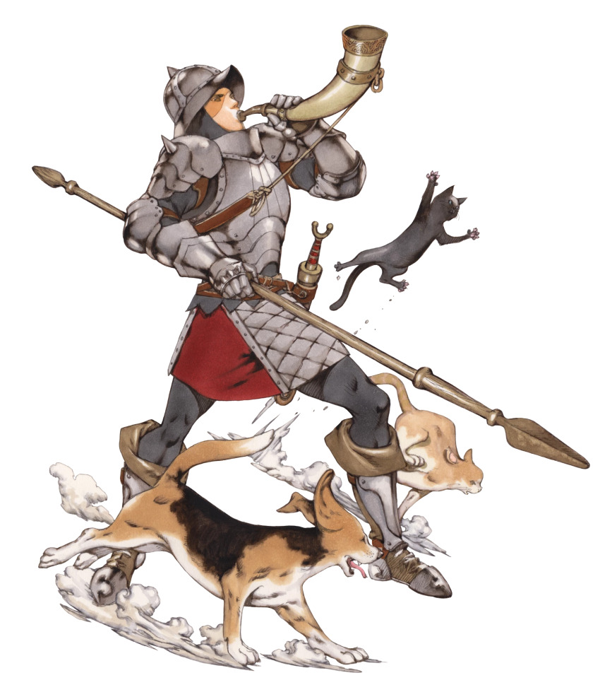 1boy armor cat dog fire_emblem fire_emblem:_three_houses full_armor gatekeeper_(fire_emblem) helm helmet highres holding holding_instrument holding_polearm holding_trumpet holding_weapon instrument lance nintendo official_art polearm third-party_source trumpet weapon yamada_akihiro