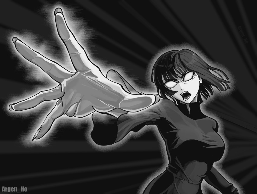 1girl absurdres angry aura dress fubuki_(one-punch_man) furious greyscale hair_between_eyes hand_up highres medium_hair monochrome no_pupils one-punch_man open_hand open_mouth psychic rage_face short_hair telekinesis upper_body white_eyes