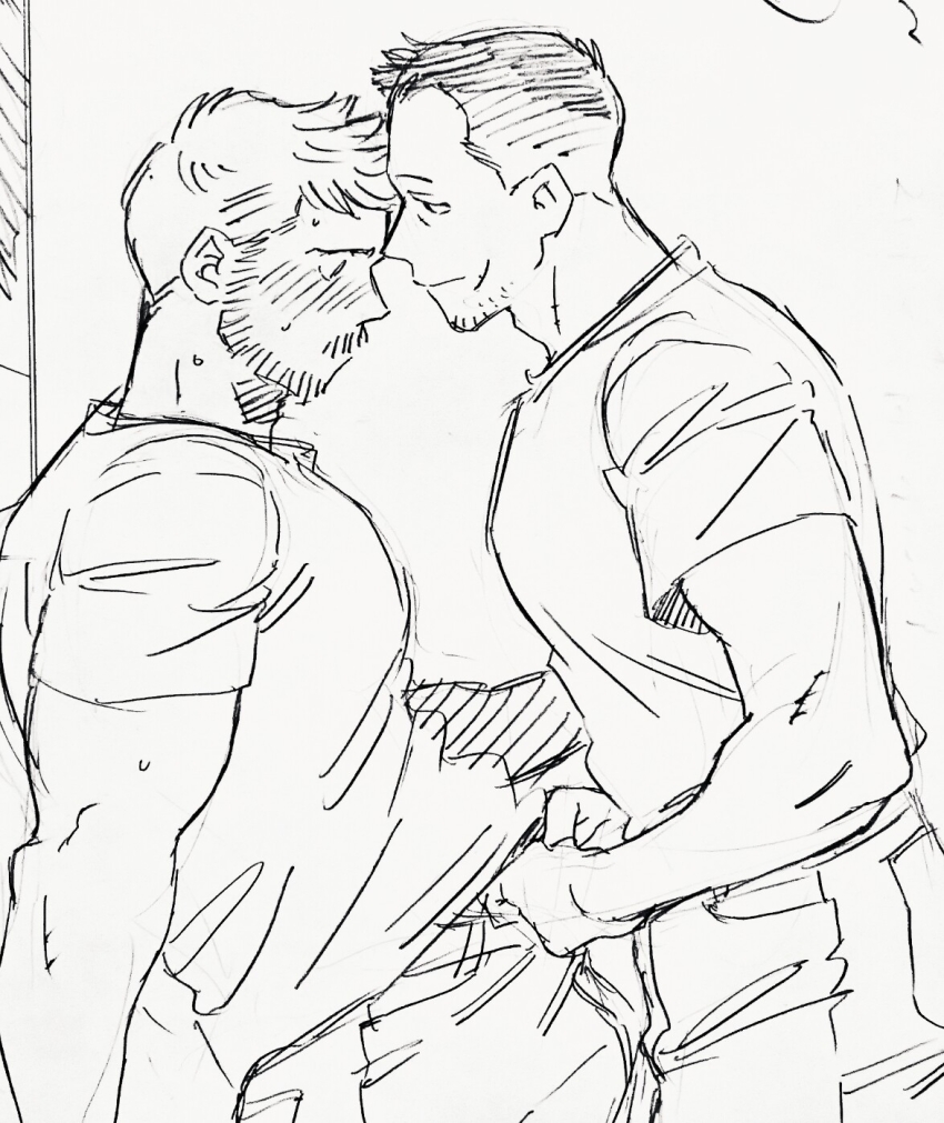 2boys bara beard blush clothes_lift cosgrove_(dickfish) couple dickfish_(fishismdick) facial_hair feet_out_of_frame flustered from_side highres leaning_back lifting_another&#039;s_clothes male_focus mature_male multiple_boys muscular muscular_male original pectorals scan shirt shirt_lift short_hair sideburns sketch smile standing stubble t-shirt traditional_media undercut undressing_another yaoi