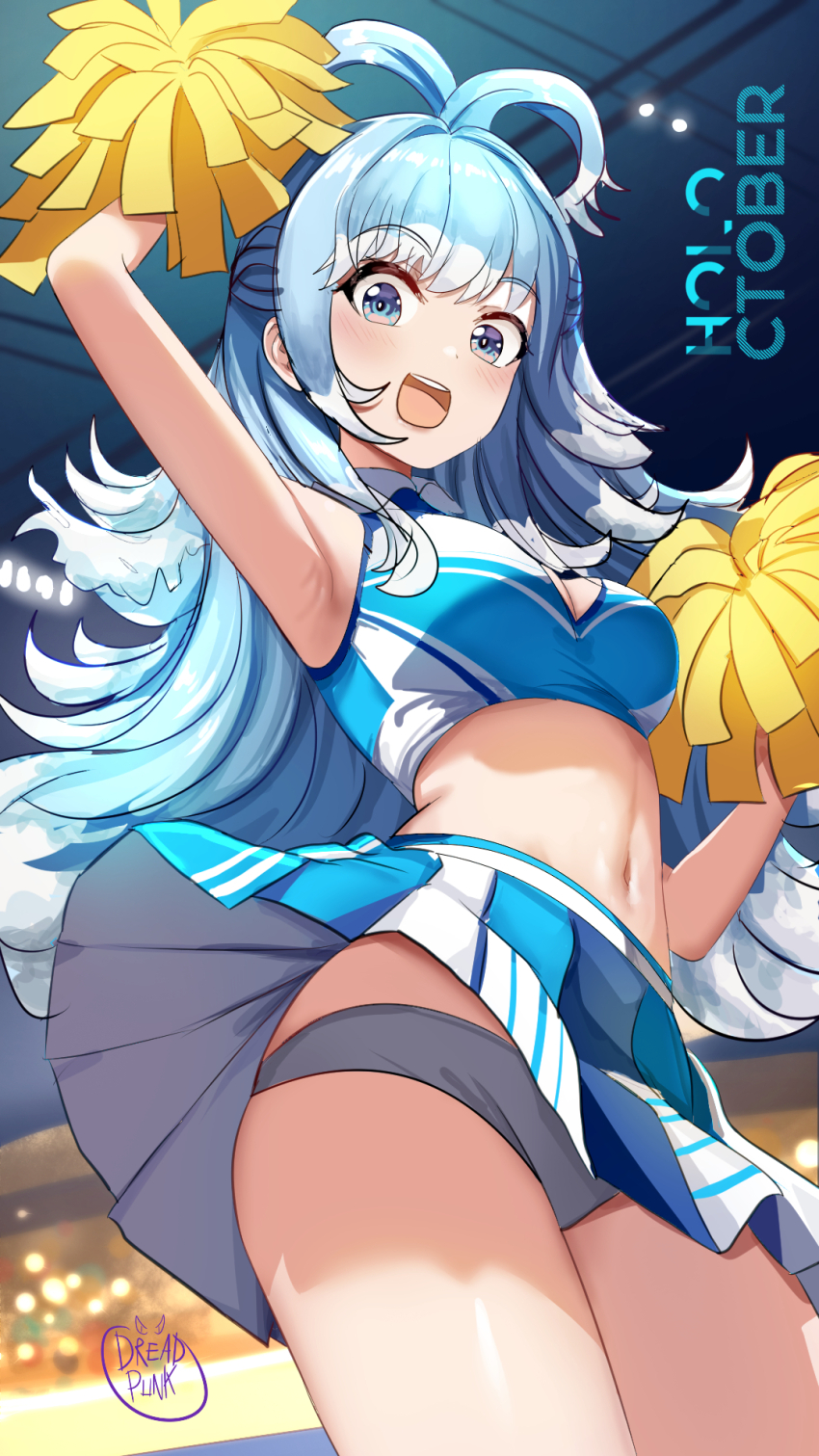 1girl arm_up blue_eyes blue_hair blush breasts cheering cheerleader cleavage colored_tips commentary crop_top dreadpunk english_commentary eyelashes from_below grey_panties happy highres holding holding_pom_poms hololive hololive_indonesia kobo_kanaeru liquid_hair long_hair looking_at_viewer medium_breasts midriff multicolored_hair navel open_mouth panties pleated_skirt pom_pom_(cheerleading) pom_poms skirt solo split_ponytail thighs two-tone_hair underwear virtual_youtuber white_hair wide-eyed