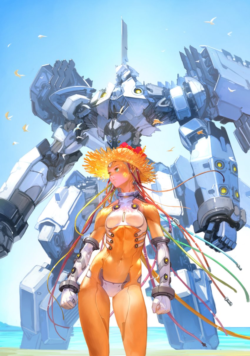 1girl absurdres android aqua_eyes artist_name bird bodysuit breasts cable clenched_hands collar cover covered_navel crotch_plate flower from_below gloves green_eyes hat hat_flower highres horizon looking_afar looking_to_the_side machinery mecha navel ocean original robot science_fiction serious short_hair silver_hair sky small_breasts solo standing straw_hat takayama_toshiaki very_short_hair water white_gloves