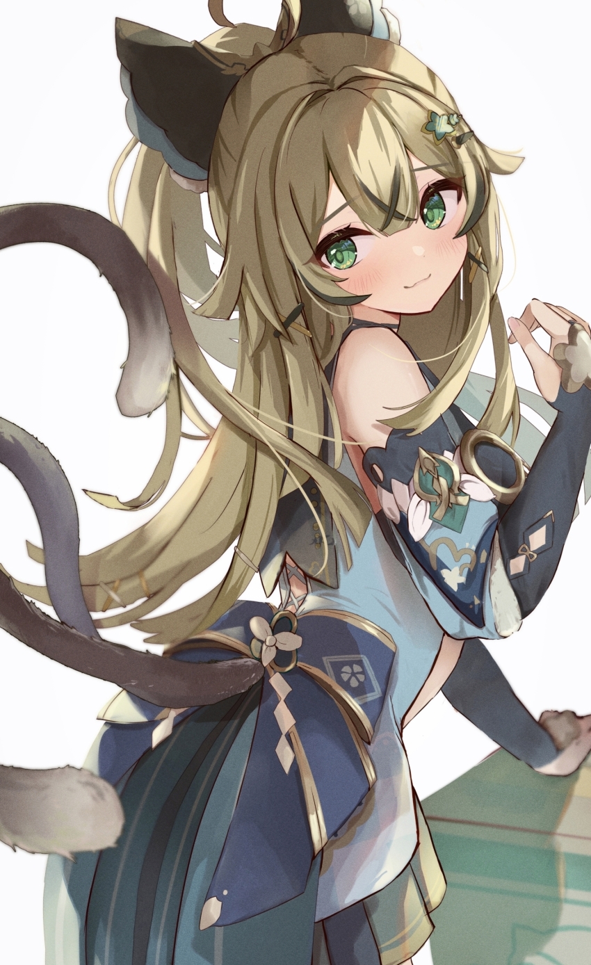 1girl :3 absurdres animal_ears arm_support back_bow bare_shoulders black_bridal_gauntlets blonde_hair blunt_bangs blunt_ends bow bridal_gauntlets cat_tail closed_mouth clothing_cutout cowboy_shot dress flipped_hair from_side genshin_impact green_eyes hair_between_eyes hair_ornament hairclip hand_up highres kirara_(genshin_impact) leaning_forward long_hair looking_to_the_side multicolored_clothes multicolored_dress multicolored_hair multiple_tails pleated_dress pokeeeo_o ponytail sleeveless sleeveless_dress smile solo streaked_hair tail tail_raised tail_through_clothes two_tails white_background x_hair_ornament