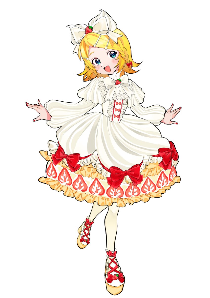 1girl :d absurdres alternate_costume blonde_hair blue_eyes blush bow braid dress food food-themed_clothes frilled_dress frills fruit full_body hair_bow hair_ornament hairclip highres kagamine_rin leggings looking_to_the_side medium_hair open_mouth red_bow simple_background smile solo standing strawberry sugarmonaka vocaloid white_background white_bow white_dress white_leggings yellow_footwear