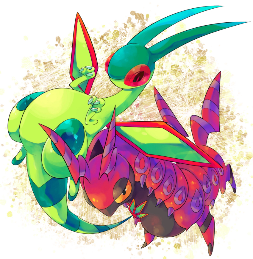 ajinomisni antennae black_eyes claws colored_sclera colored_skin creatures_(company) flygon game_freak gen_3_pokemon gen_5_pokemon green_skin grey_skin half-closed_eyes highres horns looking_at_viewer nintendo pokemon pokemon_(creature) red_skin scolipede spikes wings yellow_sclera