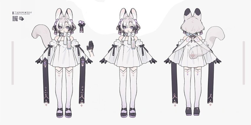 1girl animal_ear_fluff animal_ears arin_(fanfan013) bare_shoulders black_bow black_footwear black_gloves bow bow_choker cat_ears cat_tail character_sheet choker closed_mouth commentary_request commission cross cross_print detached_sleeves dress eyelashes flower footwear_bow from_behind full_body gloves gradient_legwear hair_bow hair_flower hair_ornament juliet_sleeves long_sleeves mary_janes monocle multiple_views original pleated_dress polka_dot_thighhighs puffy_sleeves purple_eyes purple_flower purple_thighhighs qr_code round_eyewear second-party_source shoes short_dress short_hair simple_background skeb_commission sleeve_bow sleeveless sleeveless_dress sleeves_past_wrists smile square_neckline straight-on tail thighhighs white_background white_bow white_choker white_dress white_hair white_sleeves white_thighhighs wide_sleeves