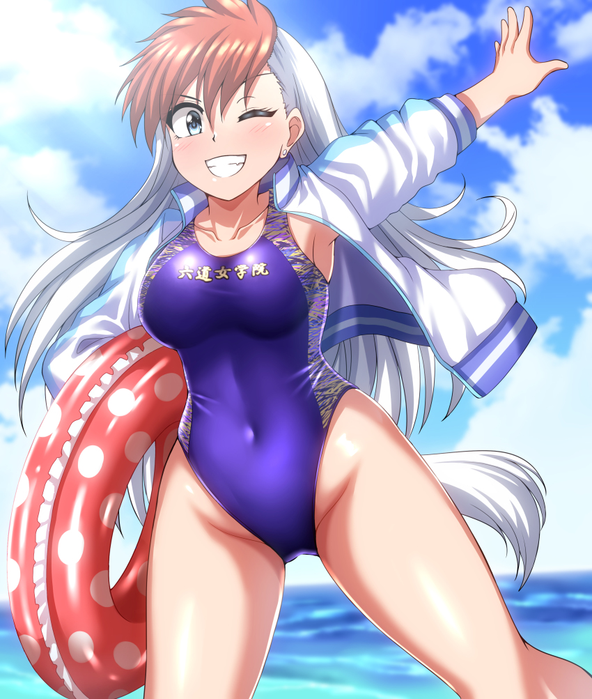 1girl absurdres blue_eyes blue_one-piece_swimsuit blue_sky breasts cloud collarbone commentary_request commission competition_swimsuit covered_navel cowboy_shot day ghost_sweeper_mikami grin highres horizon innertube inuzuka_shiro jacket large_breasts letterman_jacket looking_at_viewer multicolored_clothes multicolored_hair multicolored_jacket ocean one-piece_swimsuit outdoors pixiv_commission polka_dot_innertube red_hair sky smile solo swim_ring swimsuit two-tone_hair two-tone_jacket white_hair zanntetu