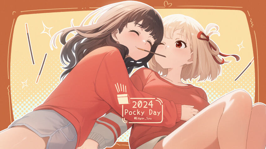 2girls absurdres black_hair blonde_hair closed_eyes commentary_request edgar_syu food grey_shorts hair_ribbon highres inoue_takina long_hair lycoris_recoil multiple_girls nishikigi_chisato one_eye_closed one_side_up pocky pocky_day pocky_kiss red_eyes red_ribbon red_sweater ribbon shared_food short_hair shorts sweater twitter_username yuri