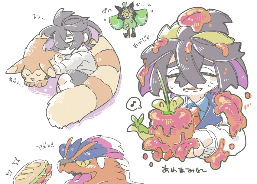 1boy ahoge animal black_hair blue_shirt blush closed_eyes collared_shirt commentary_request covered_in_food creatures_(company) crossed_bangs dipplin doodle_inset food furret game_freak gen_2_pokemon hair_between_eyes hairband holding holding_animal holding_pokemon jacket kieran_(pokemon) koraidon looking_at_animal lower_teeth_only lunchbox_(artist) lying lying_on_animal male_focus mole mole_on_neck multicolored_hair multiple_views musical_note necktie nintendo ogerpon on_side open_mouth pokemon pokemon_(creature) pokemon_sv purple_hair red_necktie sandwich shirt short_hair sleeping sparkle spoken_musical_note sweatdrop syrup teeth two-tone_hair upper_body white_jacket yellow_hairband