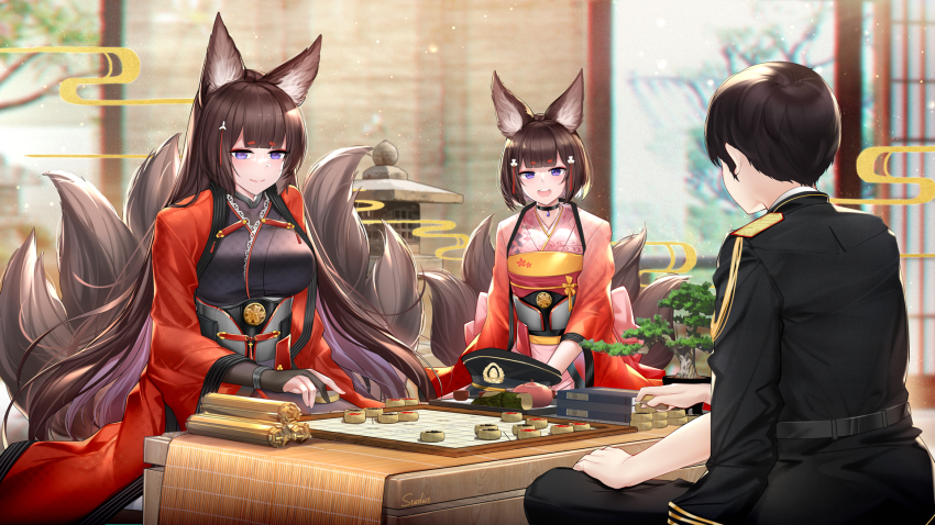 1boy 2girls :d amagi_(azur_lane) animal_ears azur_lane black_gloves black_hair blunt_bangs blurry board_game choker commander_(azur_lane) commentary_request depth_of_field explosive eyeshadow father_and_daughter fingerless_gloves fox_ears fox_girl fox_tail gloves hair_ornament hat highres if_they_mated japanese_clothes kimono kitsune kyuubi long_hair looking_at_viewer makeup mine_(weapon) mother_and_daughter multiple_girls multiple_tails naval_mine obi open_mouth original peaked_cap purple_eyes sash shogi short_hair shouji sidelocks sliding_doors smile stardust_(chen&#039;ai_weiding) tail thick_eyebrows unworn_hat unworn_headwear wide_sleeves