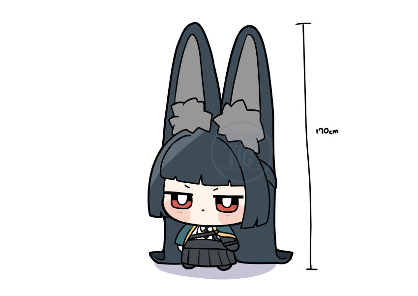 1girl :&lt; absurdly_long_hair absurdres animal_ear_fluff animal_ears aqua_capelet big_eared_miyabi_(meme) black_hair black_necktie black_skirt blunt_bangs blunt_ends blush_stickers bright_pupils chibi highres hime_cut hoshimi_miyabi jitome long_hair looking_at_viewer meme necktie pleated_skirt red_eyes shinonome_nashi shirt simple_background skirt solo standing very_long_hair watermark white_background white_pupils white_shirt wide_shot zenless_zone_zero