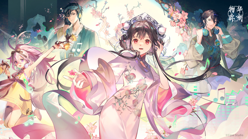 2boys 2girls black_hair brown_hair chinese_clothes chinese_text commentary_request dress flower food-themed_hair_ornament futao_ping_(wuhua_mixin) hair_ornament highres holding long_hair long_sleeves looking_at_viewer mole mole_under_mouth multiple_boys multiple_girls open_mouth peach_hair_ornament peach_print pink_dress pink_eyes pink_hair red_eyes sitting smile translation_request wuhua_mixin wuhuamixin