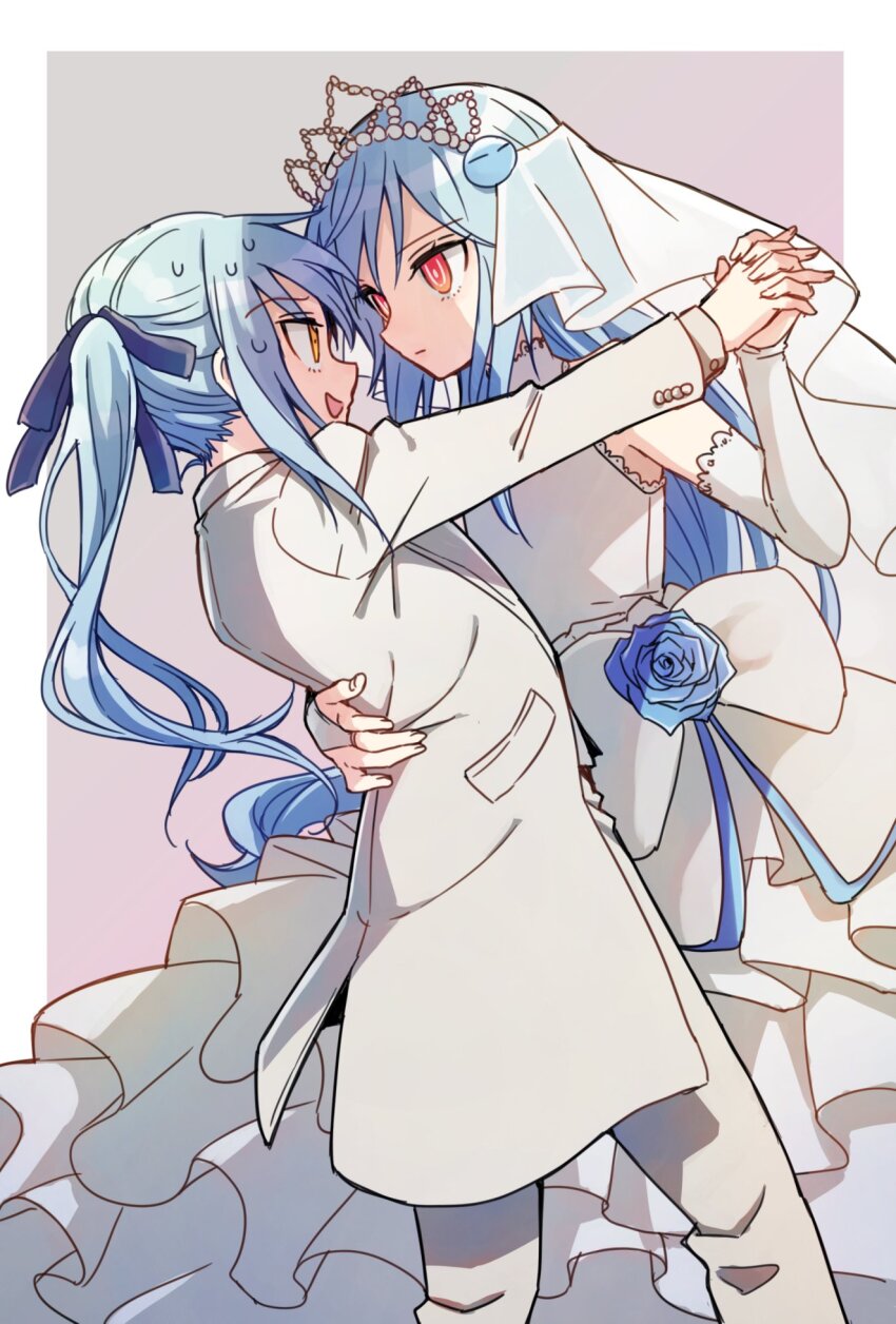 2others blue_flower blue_hair ciel_(tensei_shitara_slime_datta_ken) crown dress duplicate flower formal_clothes highres long_hair multiple_others red_eyes rimuru_tempest rimuru_tempest_(slime) shake_sawa simple_background suit tensei_shitara_slime_datta_ken wedding_dress wedding_suit white_dress white_suit yellow_eyes