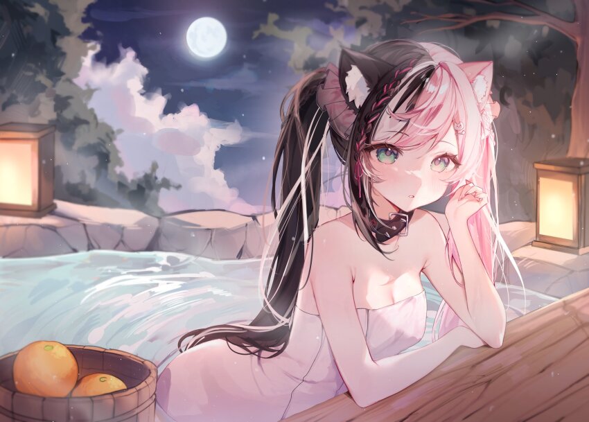 1girl animal_ears black_hair blue_eyes breasts cat_ears collar food fruit full_moon highres indie_virtual_youtuber kassie_kalico looking_at_viewer miyuchiq moon multicolored_hair naked_towel night onsen orange_(fruit) outdoors pink_hair small_breasts solo split-color_hair streaked_hair towel twintails virtual_youtuber water