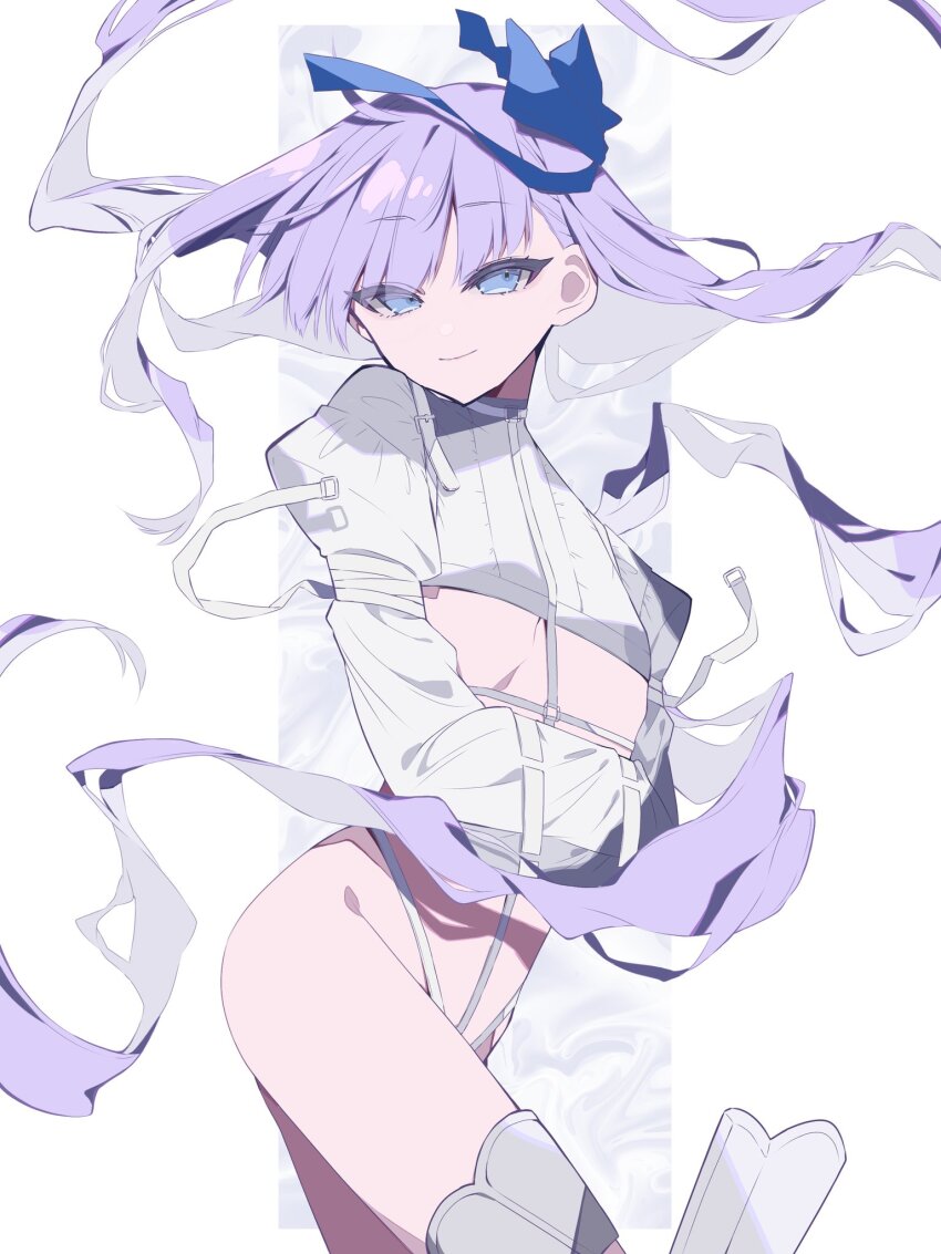 1girl blue_eyes blue_ribbon blush breasts cropped_jacket fate/grand_order fate_(series) hair_ribbon highres i10_ksw jacket long_hair long_sleeves looking_at_viewer meltryllis_(fate) purple_hair ribbon sleeves_past_fingers sleeves_past_wrists small_breasts smile solo thighs very_long_hair white_jacket