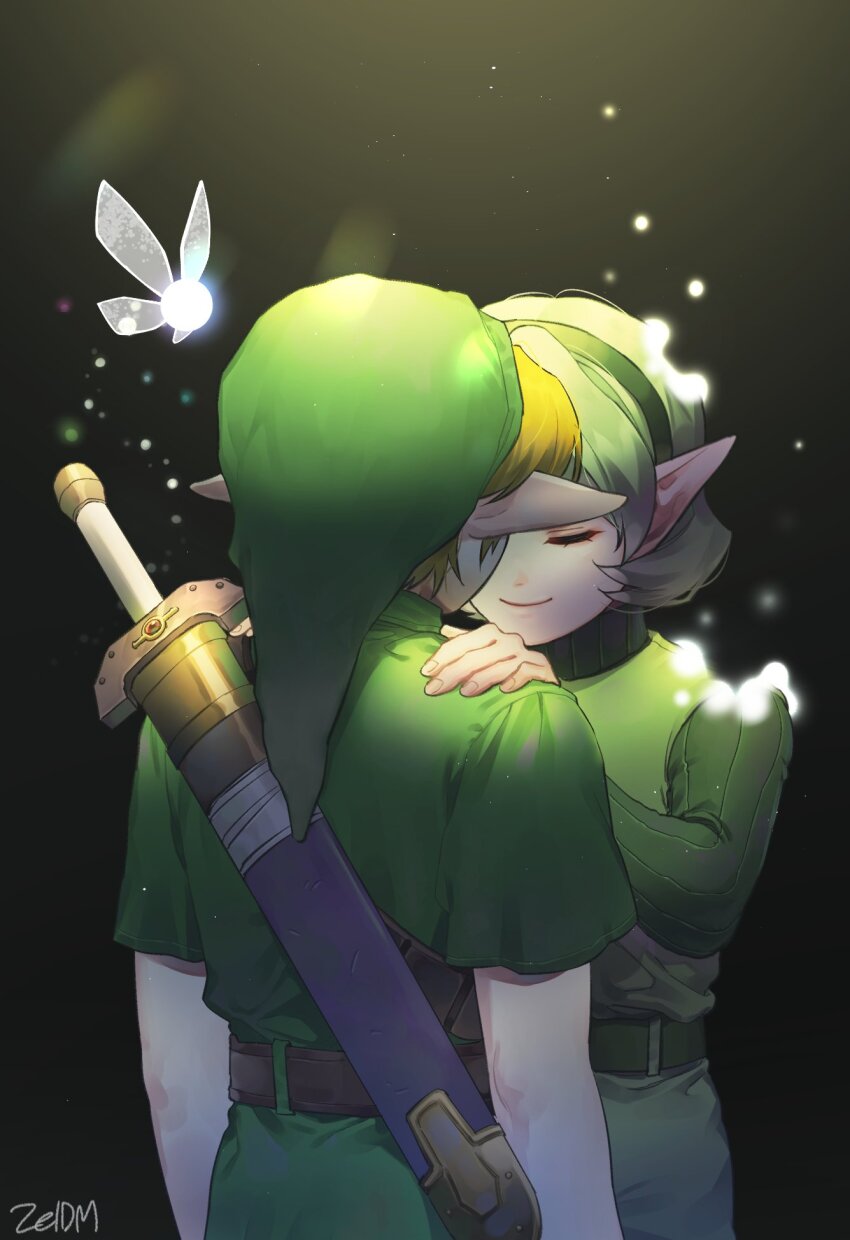 1boy 1girl artist_name black_headband blonde_hair closed_eyes fairy green_hair green_hat green_sweater green_tunic hands_on_another&#039;s_shoulders hat headband highres kokiri link navi nintendo pointy_ears pointy_hat saria_(zelda) short_hair smile sweater the_legend_of_zelda the_legend_of_zelda:_ocarina_of_time tunic turtleneck turtleneck_sweater upper_body weapon weapon_on_back zeldm